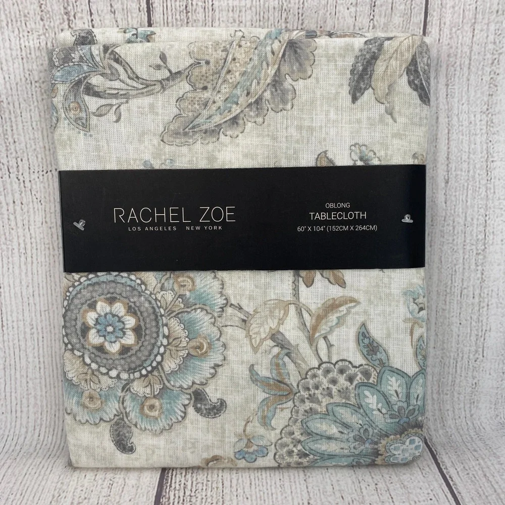 Rachel Zoe Tablecloth 60x104 Blue Grey Floral Paisley Medallion Boho Shabby Chic